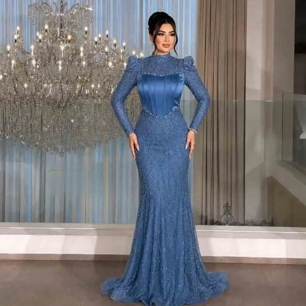 Maßgeschneidertes, dezentes Meerjungfrauen-Abendkleid mit hohem Kragen, langen Ärmeln, Perlen und Pailletten, formelles Kleid mit Satin-Korsett-Oberteil, muslimische Ballkleider