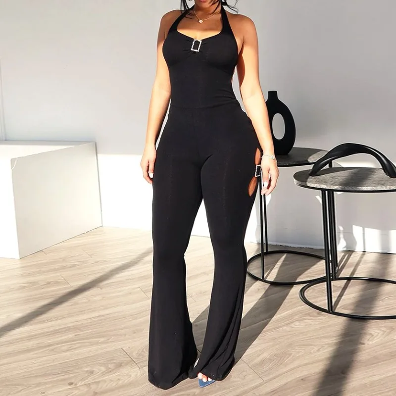 

Women's Sexy Sleeveless Lace Up Backless Micro Flared Jumpsuit Women Clothes Summer New Female Fashion High Waist Slim Jumpsuits