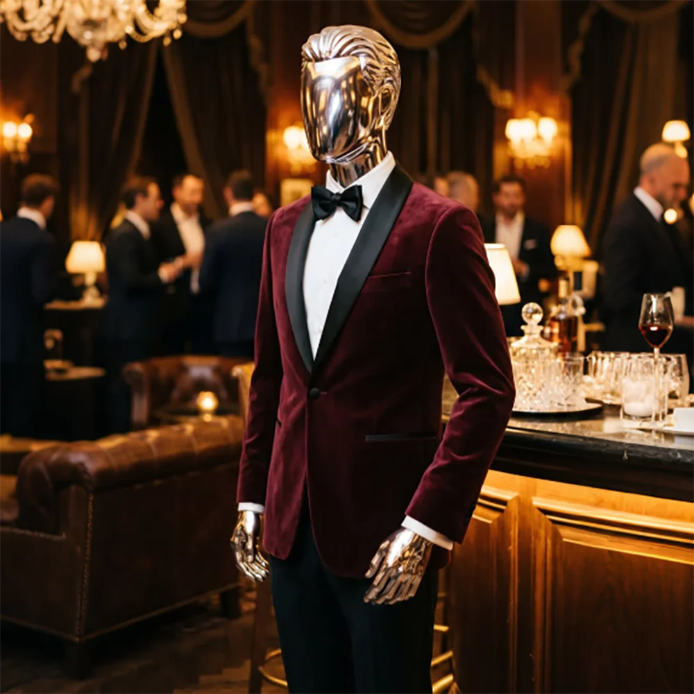 Luxury Men Burgundy Velvet Tuxedo Suit Black Satin Lapel Jacket Pants Set Formal Wedding Banquet Party Gentlemen Outfit