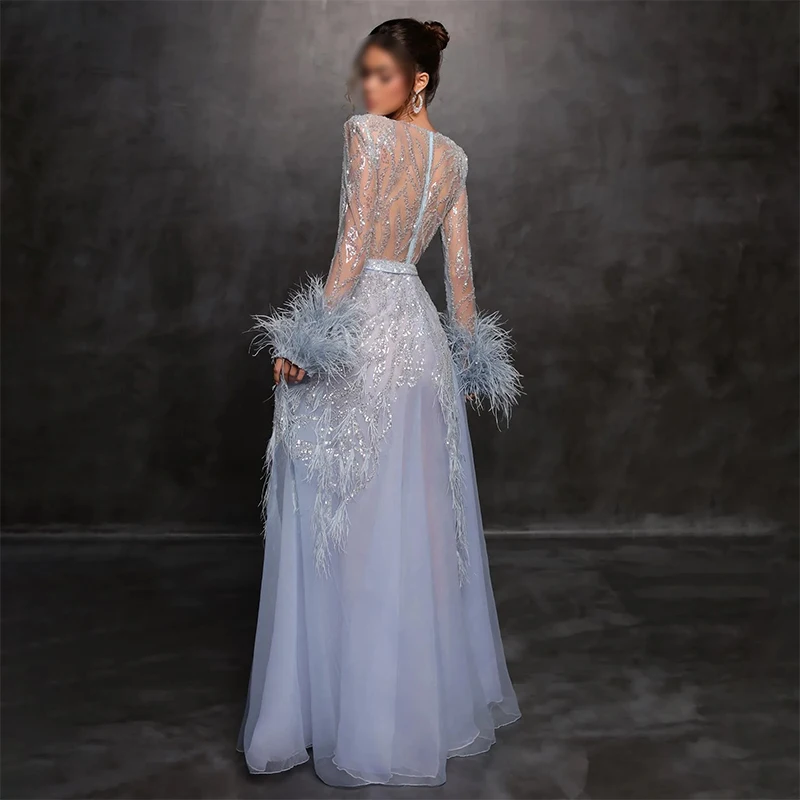 Robe de Soirée Élégante Bleue, Tenue de Bal, Manches sulf, Paillettes, Plumes, Manchette, Formelle, pour Occasions Formelles