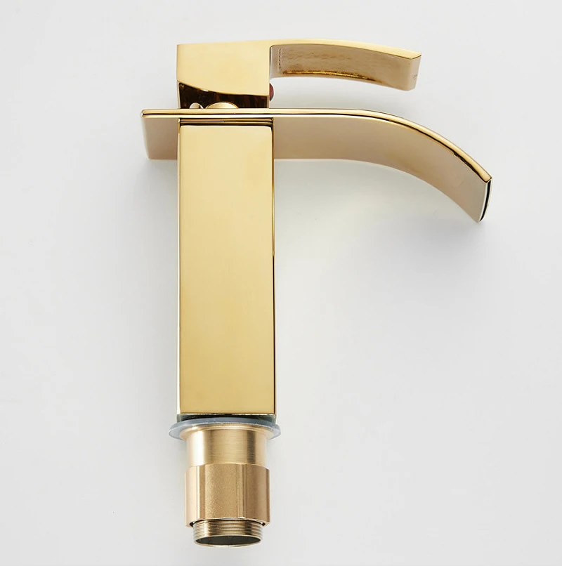 Gold Plated Stainless Steel Square Waterfall Bathroom Basin Faucet Vanity Sink Mixer Hot Cold Lavatory Washbasin Tap One Handle