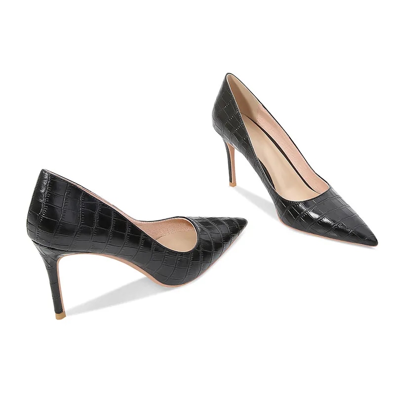New temperament stone patterned pointed high heels for women, slim heels, professional black single shoes, work women's shoes