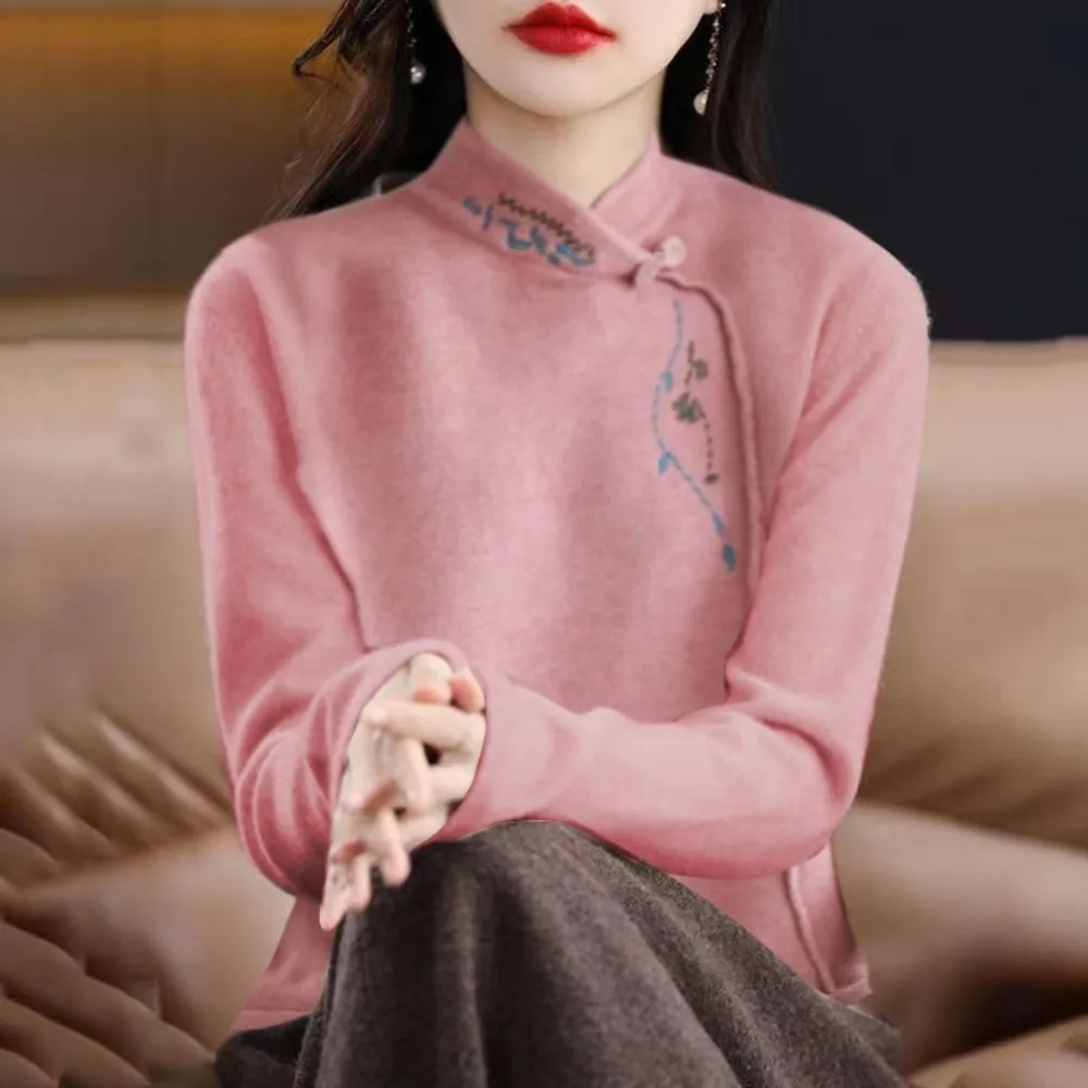 New Chinese Clothing Traditional Ladies Embroidery Fleece Top, Winter Mandarin Collar Frog Button Long Sleeve Casual Shirt