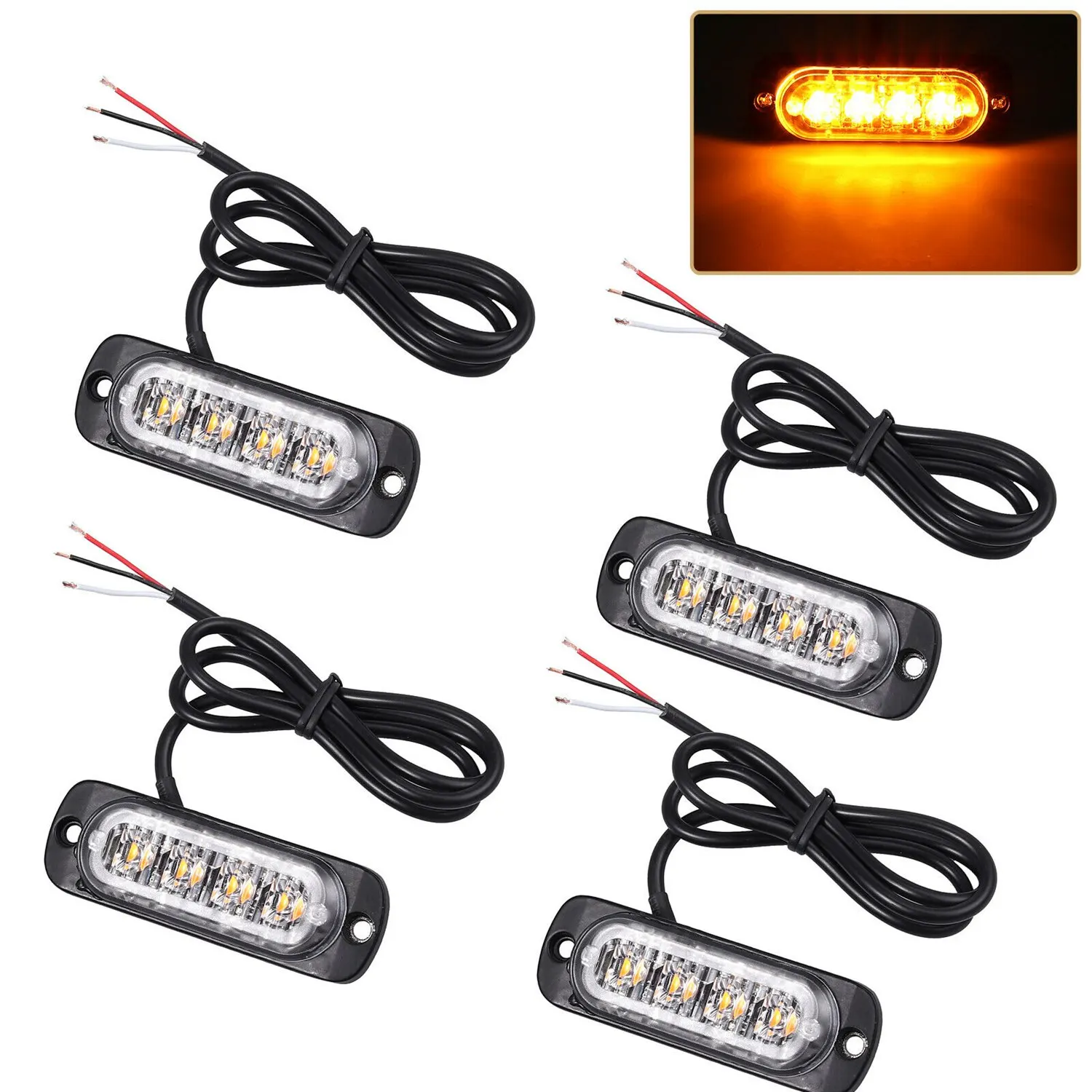 4Pcs 4 Led Amber Recovery Strobe Lights 12V 24V Orange Grill Breakdown Flashing