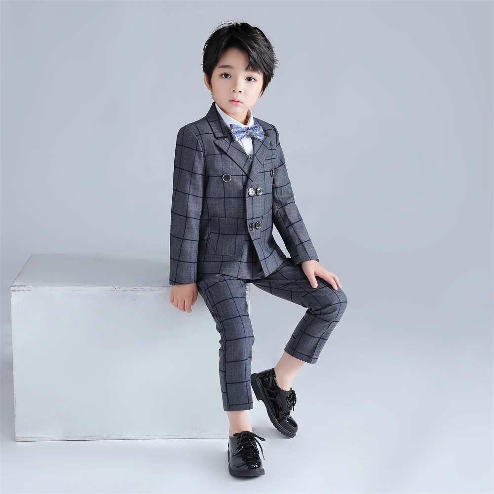 Hot Sale Boy Suits 4 Pieces Blazer Vest Pants Bow-tie For Piano Contest Performance Comfortable Formal Kid Wediing Set