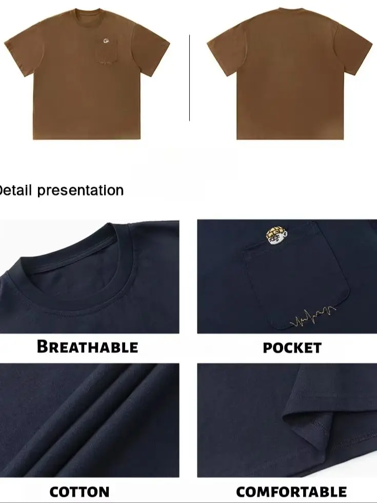 Retro Men's Women's Couple's Cotton Short-Sleeve T-Shirts Soft Breathable, Pocket Embroidered, Loose Fit, Round Neck