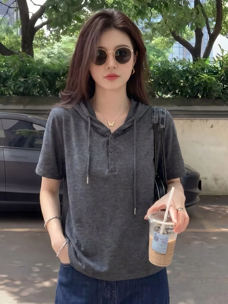 Gray Hoodie Short Sleeve T-Shirt Women Summer New plus Size Slimming Top Shoulder Width Regular Length Comfortable Korean Style