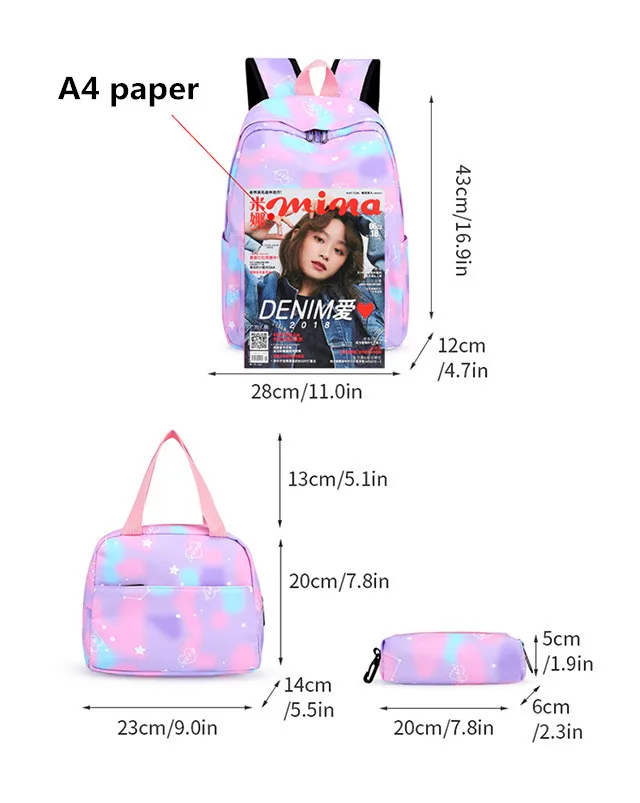 3pce/set kids school backpack for teenage girls Simple women backpacks Gradient print schoolbags middle school student book bags