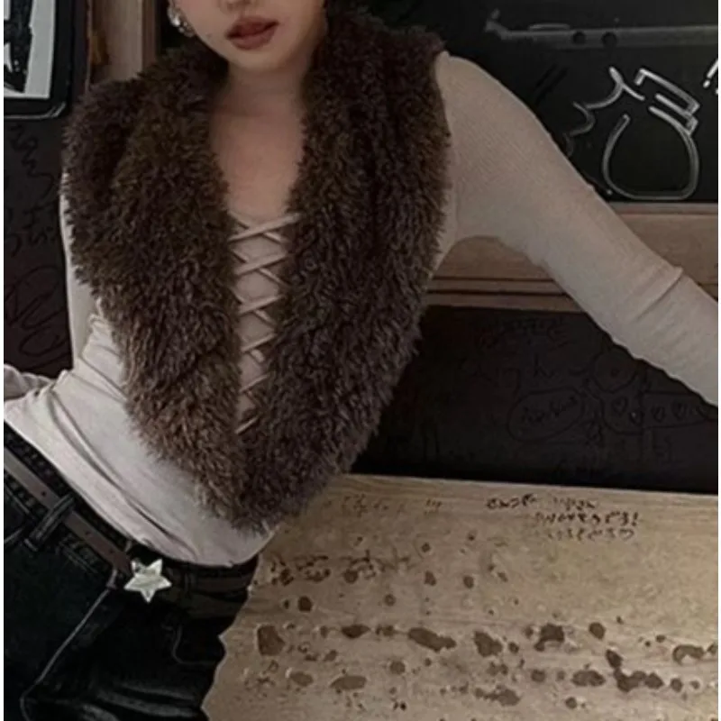 

Spice Girl Sexy Deep V-Neck Straps Hollow Fluffy Splicing Long Sleeve Bottom Shirt Autumn and Winter New