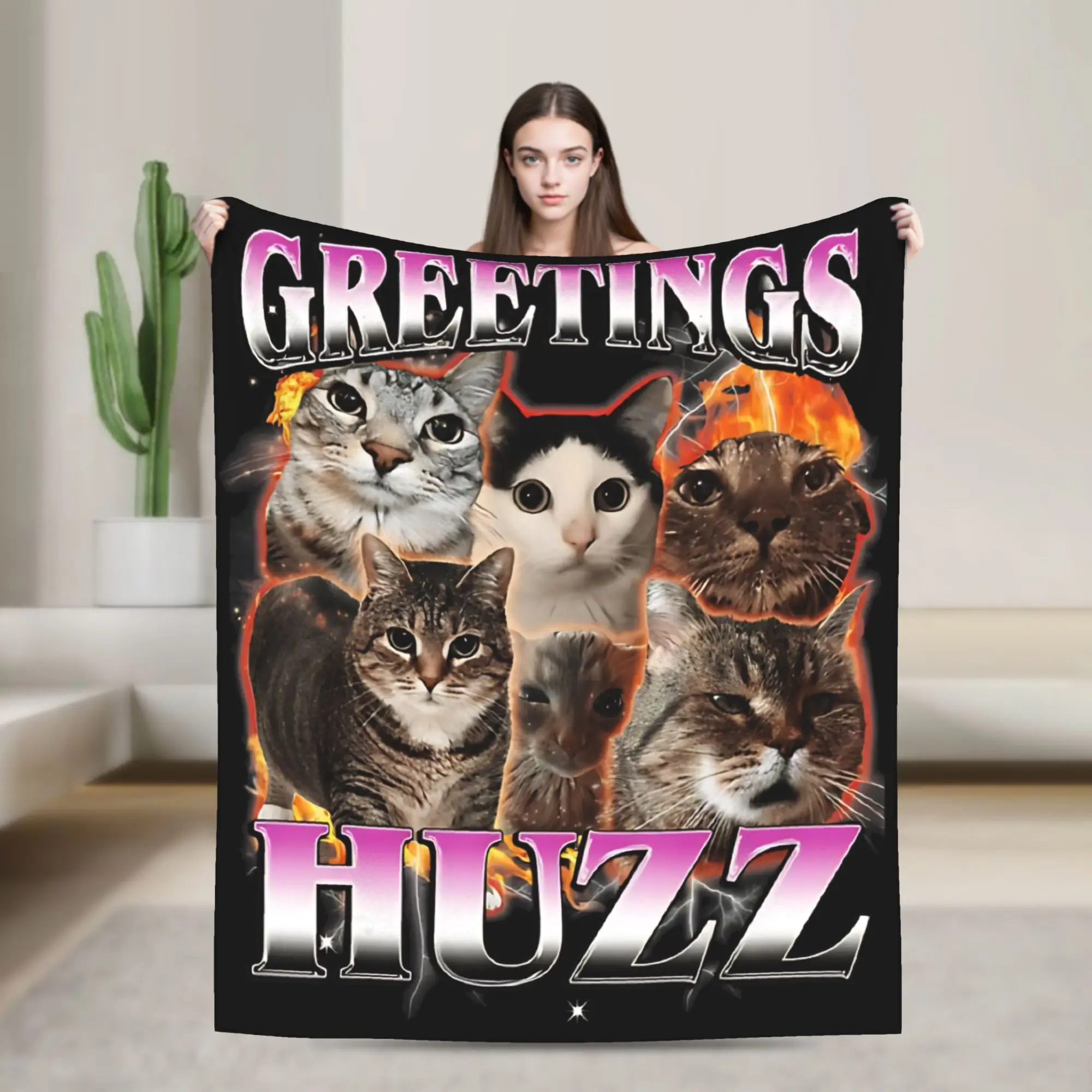 Greetings Huzz Funny Cat Meme Chaos Collage Blankets Quality Warm  Throw Blanket Winter Boy Home Decor Comfortable Bedspread