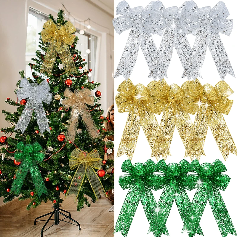 1pc Christmas Glitter Bow Gold Bowknot Christmas Decoration Xmas Tree Ornament New Year Navidad Handmade DIY Gift Wrapping Decor