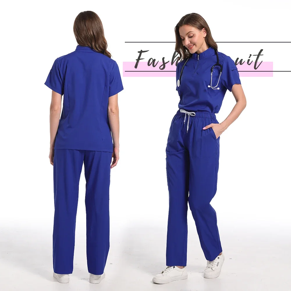 ขัดชุดสูทแขนสั้น V คอเสื้อ + กางเกง Jogger ชุดพยาบาลผู้หญิง Multicolor PET Doctor Scrub Medical Workwear