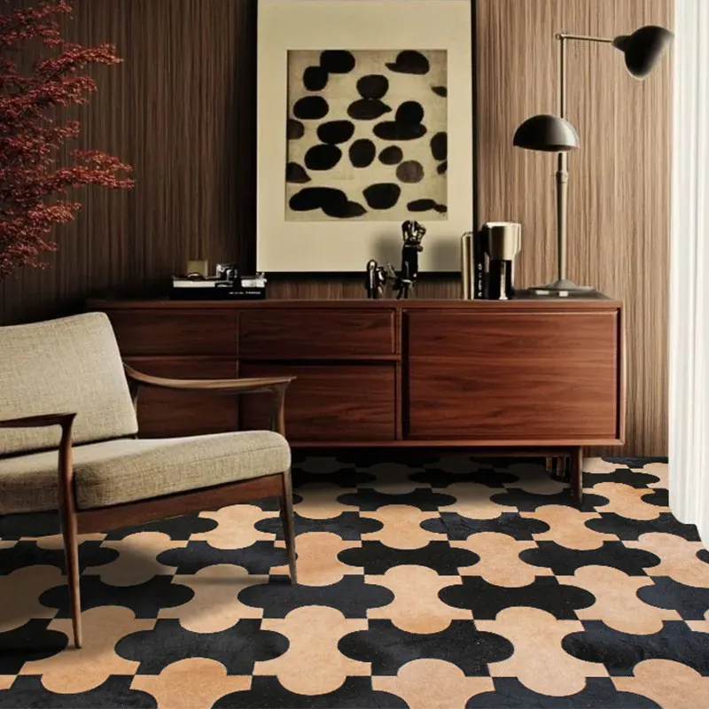 Simple Black Handmade Real Cowhide Carpet Living Room Home Sofa Coffee Table Floor Mat Big Size Office Modern Large Rug Bedroom