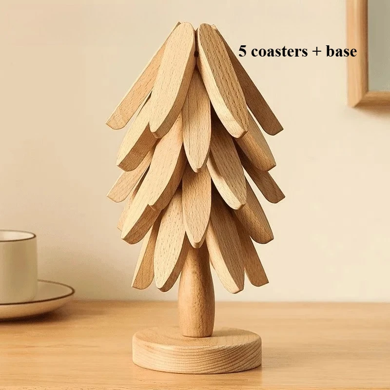 5 coasters 1 base Creative Pine Solid Wood Heat Insulation Mat Bamboo Anti-scald  Resistant Pot Pad Cup Mat For Casserole Home Kitchen