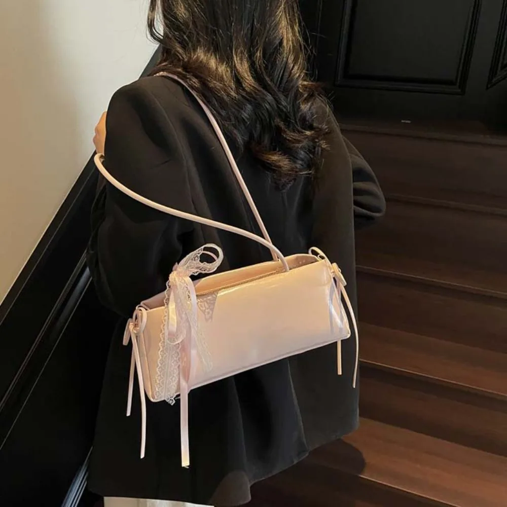 

Solid Color French Stick Handbag Bow Ribbon Y2K Silver PU Shoulder Bag High Quality Korean Style Cylinder Underarm Bags Work