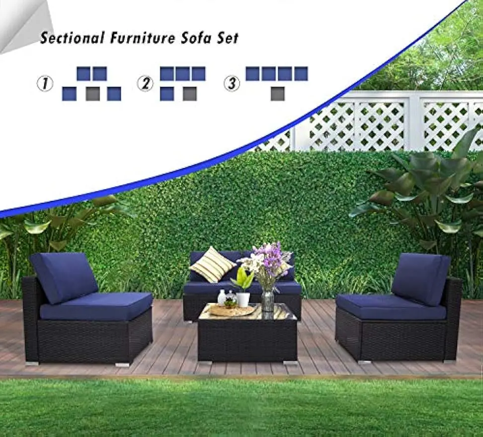 Pátio PE Rattan Wicker Sofa Set, Outdoor Sets móveis secionais com almofadas do sofá, 2 travesseiro e mesa de chá, 5 pcs
