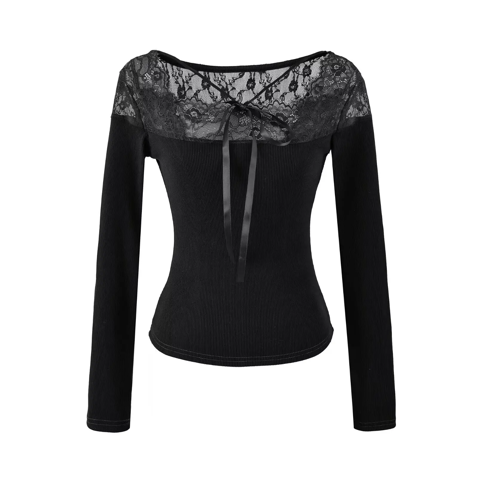 T-shirt da donna in maglia a costine con scollo a V impiombate in pizzo T-shirt slim elastiche a maniche lunghe sexy