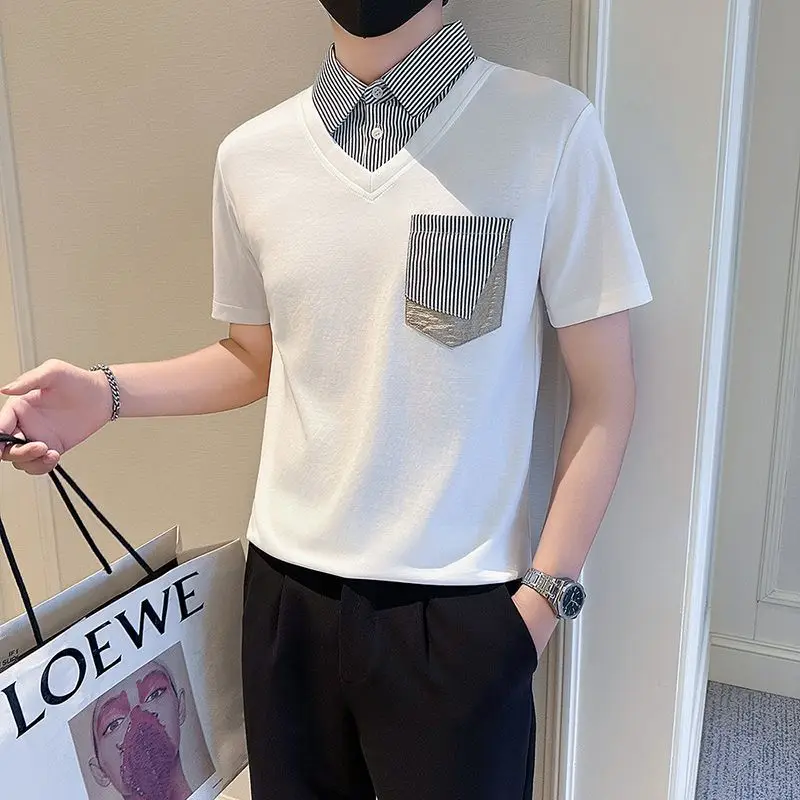 Fashion Striped Patchwork T-shirts Summer Turn-down Collar Button Men's Clothing Pockets Casual Basic Short Sleeve Polo Shirts