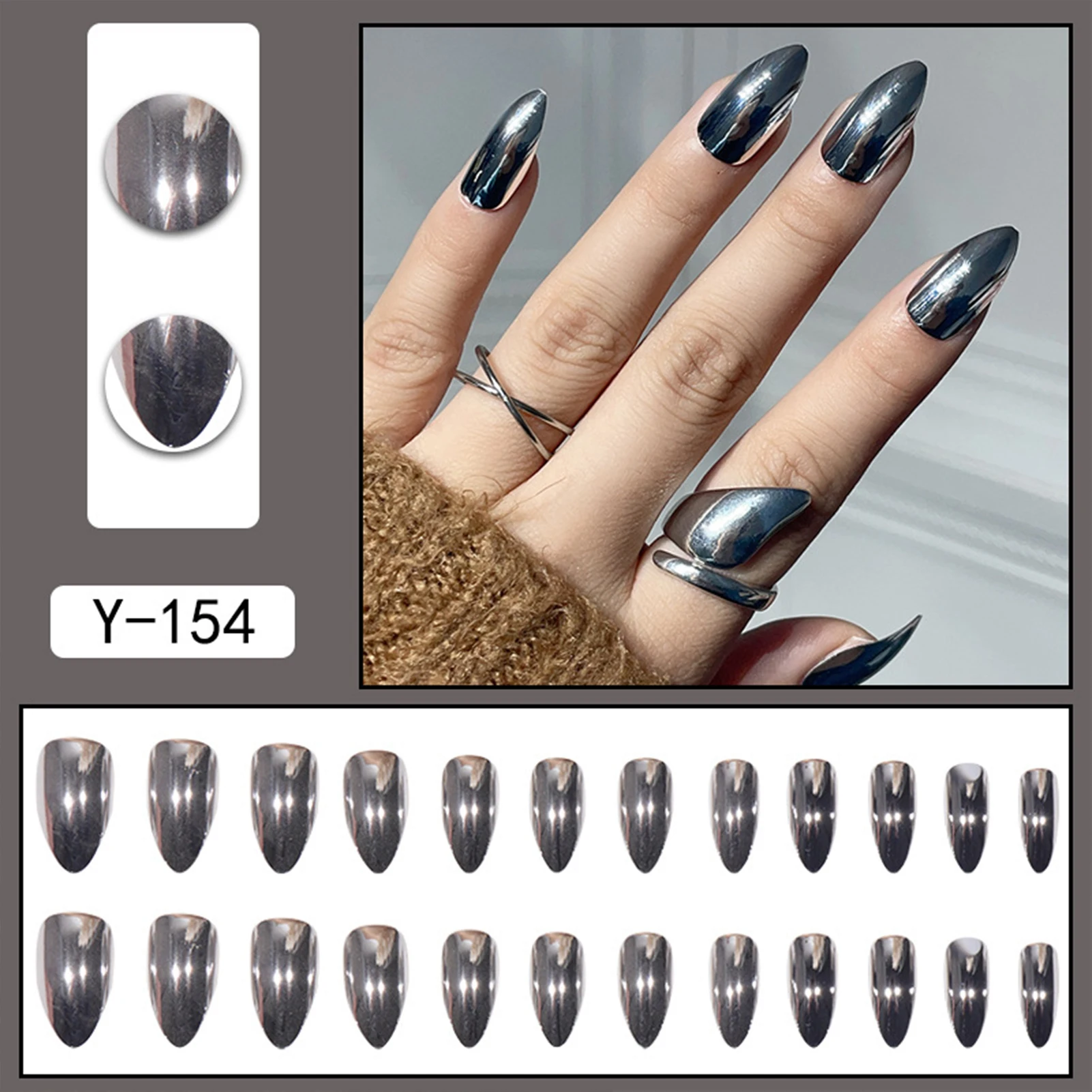 Silver Short Almond Fake Nails Non-Toxic Odorless Not Easy to Fade Nails for Girlfriend Wife Friends and Mother