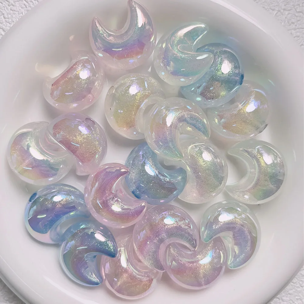 10Pcs Acrylic Loose Beads/Moon Shape/luminous UV Aurora Effect/Hand Made/DIY Beaded/Jewelry Findings & Components 25mm