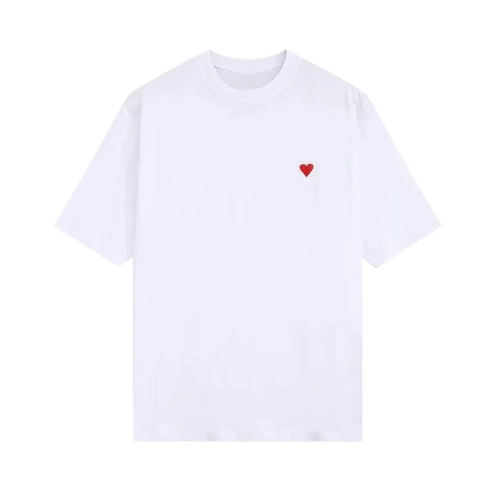 Chest Tiny Red Heart Embroidery Men Crew Neck T Shirt Solid Cotton Short Sleeve Minimal Casual Basic Tops