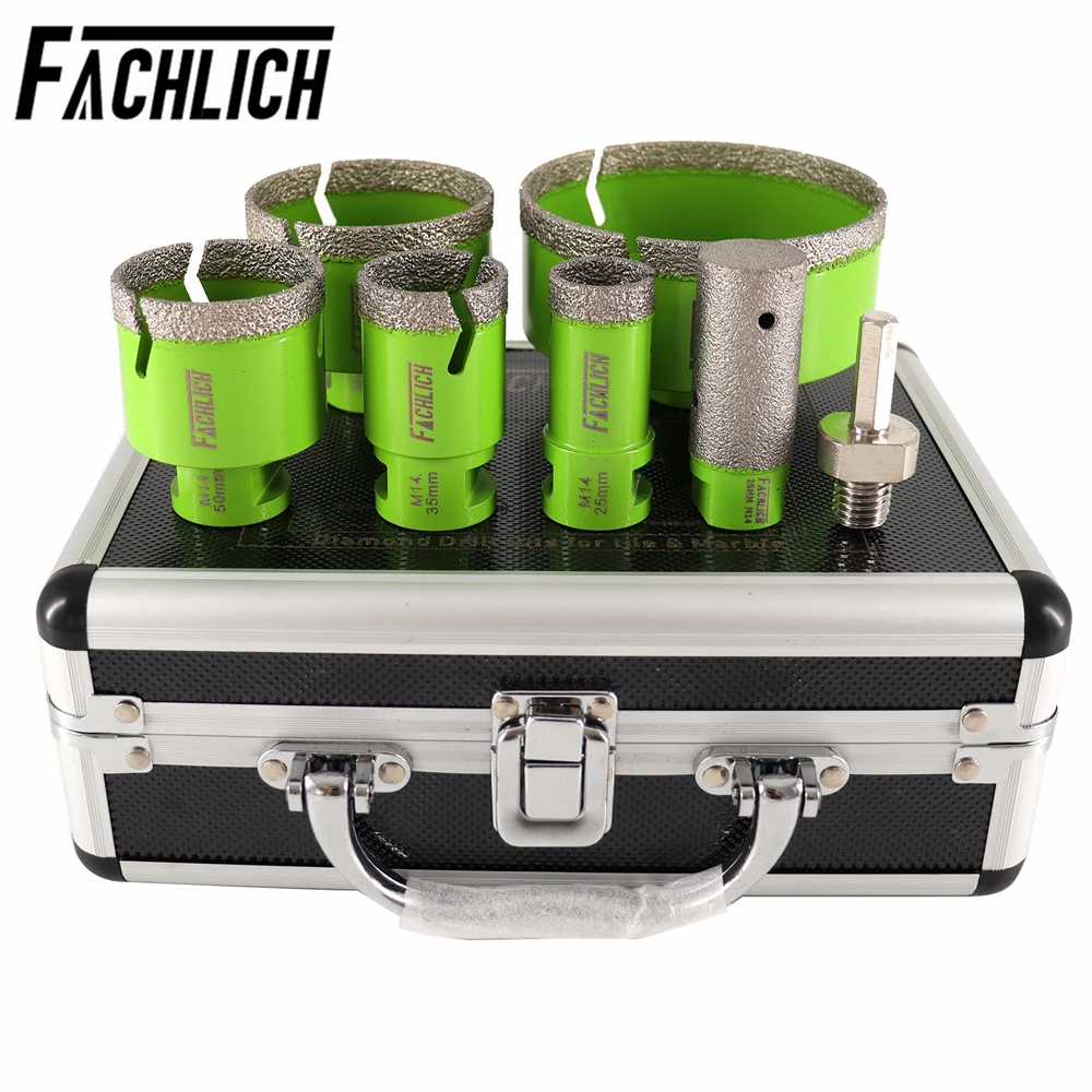 FACHLICH 7pcs M14 Dia25/35/50/68/100mm Diamond Drill Core Bits +25mm Milling Finger Bits+Hex Shank Adapter Ceramic Tile Marble