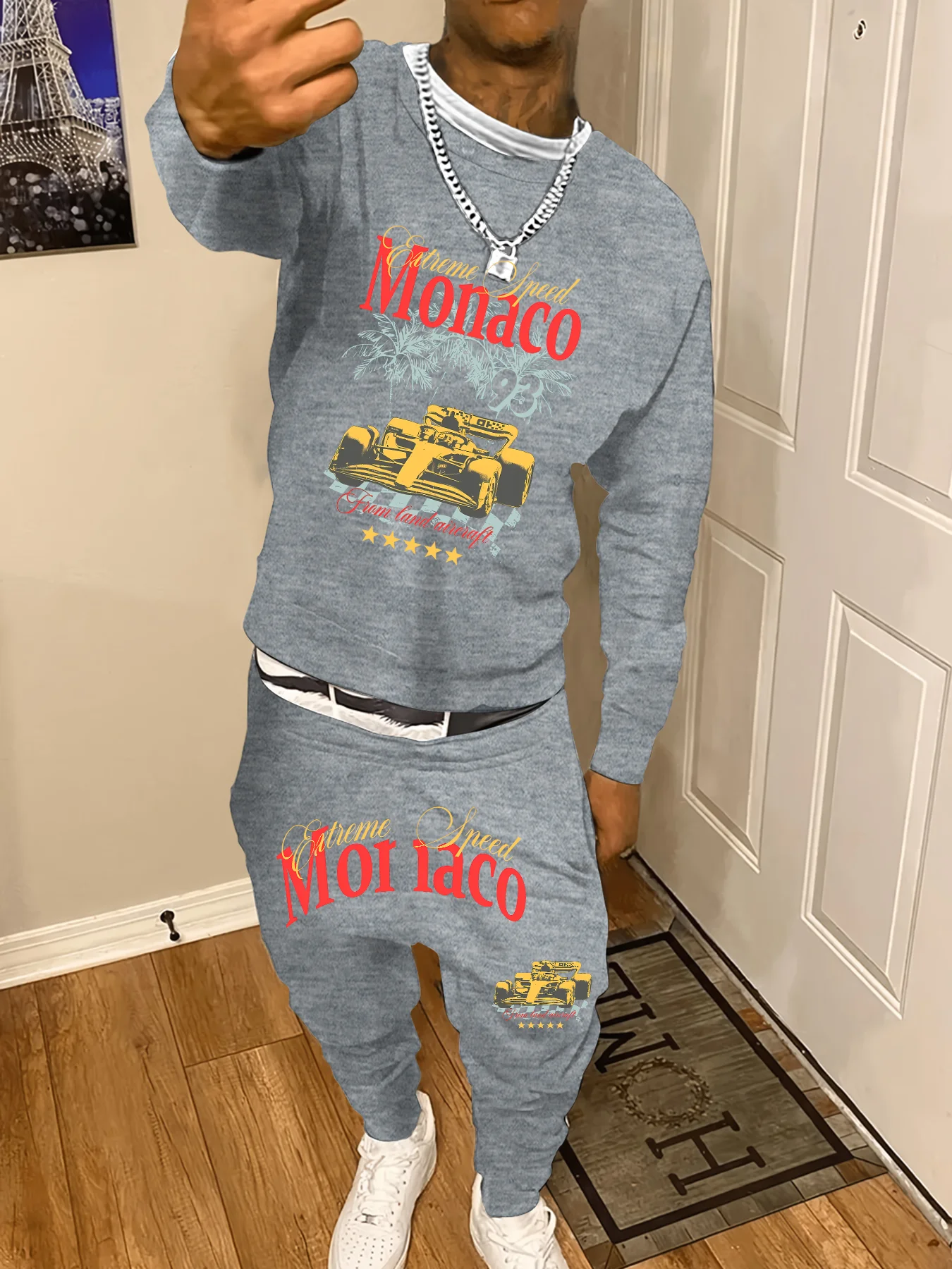 

Men's sweatshirt set, racing cars, palm trees and "Extreme Speed ​​Monaco" cool street style for daily outings
