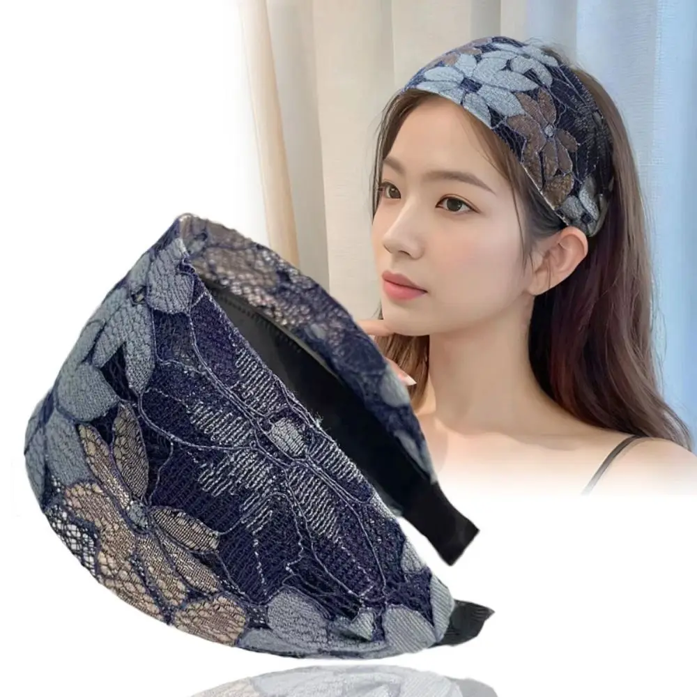 

Vintage Mesh Lace Embroidery headband Non-slip Flower Toothed Non-slip Hairband Spring Wide Women Hair Hoop Bathing
