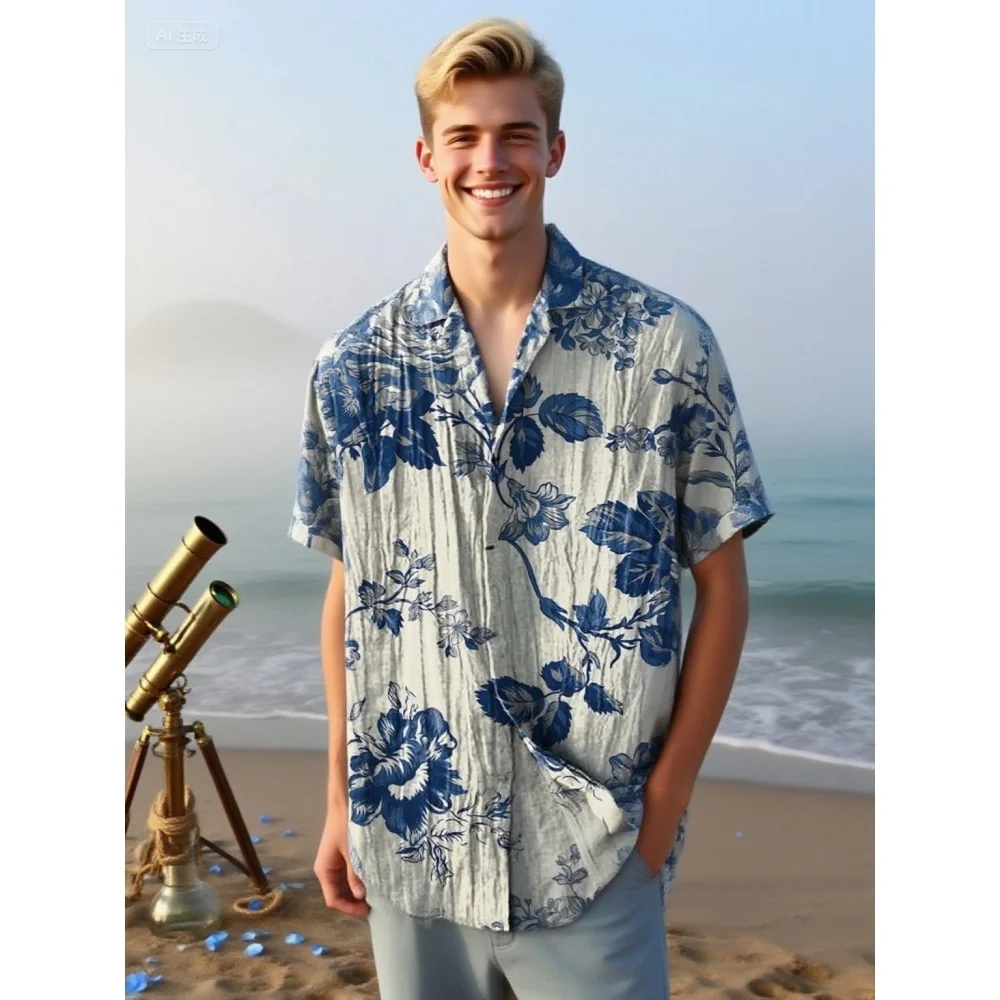 

Summer 2025 Flower National Style Men Hooded Single Breasted 3D Printed Shirt Short Sleeve Casual Spliced Buttons Loose Hombre