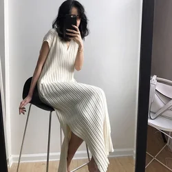 Spring Summer Casual Harajuku Sweater Dress Women Solid Loose V-neck Side Slit Ribbed Knit Long Dresses Party Vestido Feminino