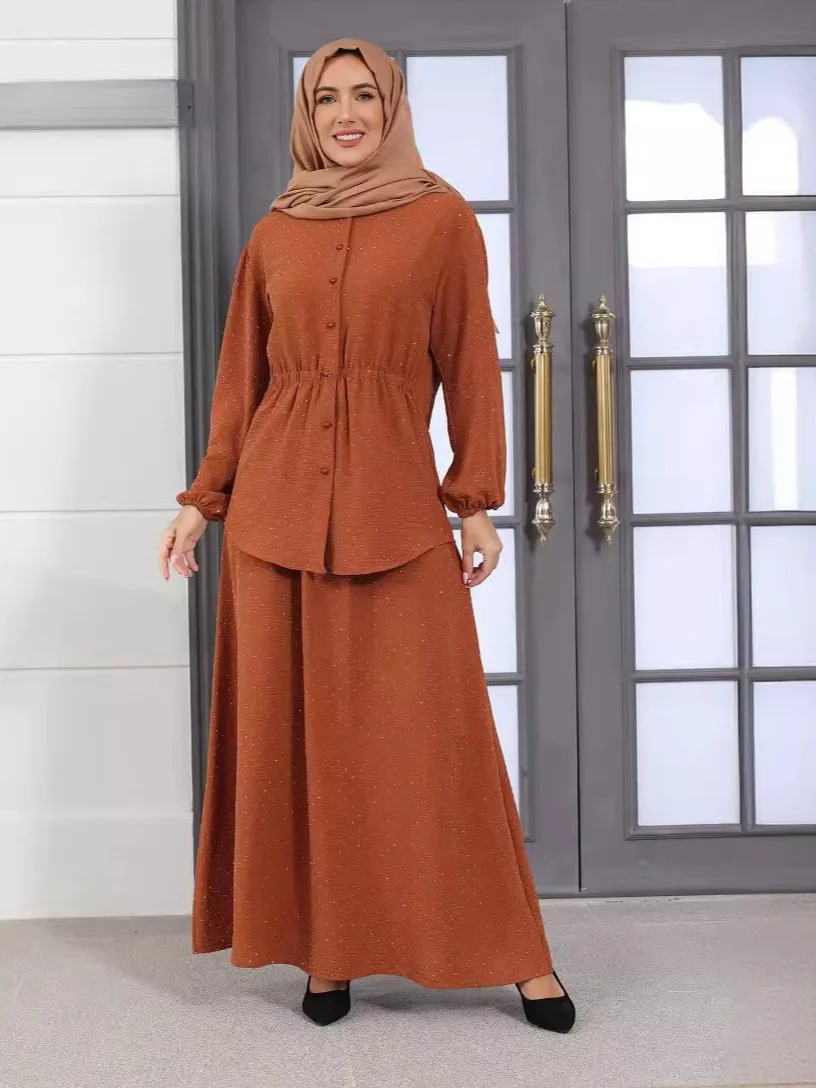 Ramadan Muzułmanki Dubaj Dwuczęściowy Zestaw Sukienka Guziki Topy Spódnica Garnitur Abaya Arabski Kaftan Islamskie Garnitury Eid Turcja Casual