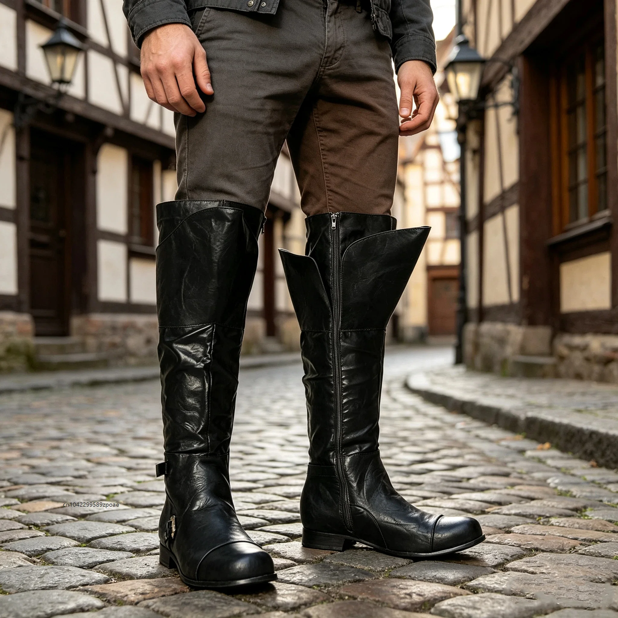 Medieval Knight Men Boots Gothic Pointed High Boot Halloween Thick Chunky Side Zip Stage Performance Fancy Cuff Shoes Footwear