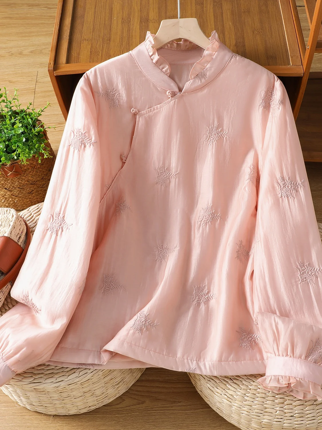 Retro Embroidered Stand Collar irt Women's Cotton Padded Warmth Clothing Long Sve Single Button Floral Patterned