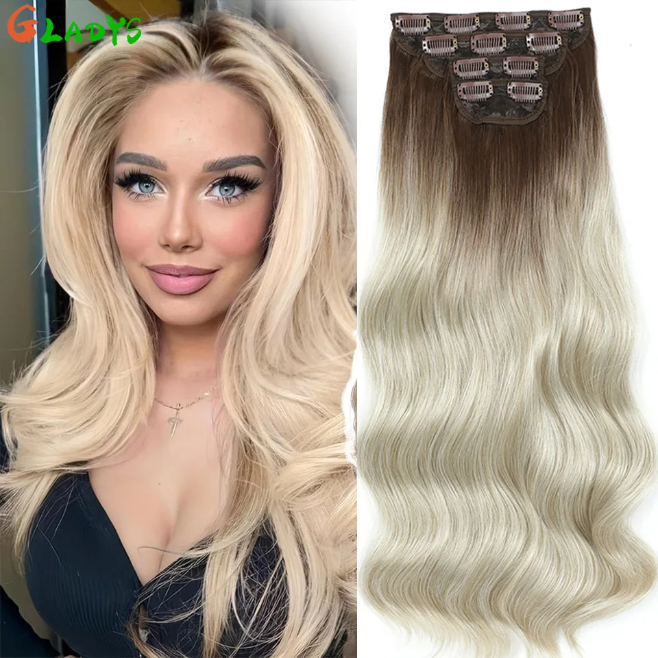 

22 Inch Clip Ins Hair Pieces Synthetic Ombre Blonde Clip Ins Hair Extensions 4Pcs/lot 613 Color Body Wave Hair Piece Extension