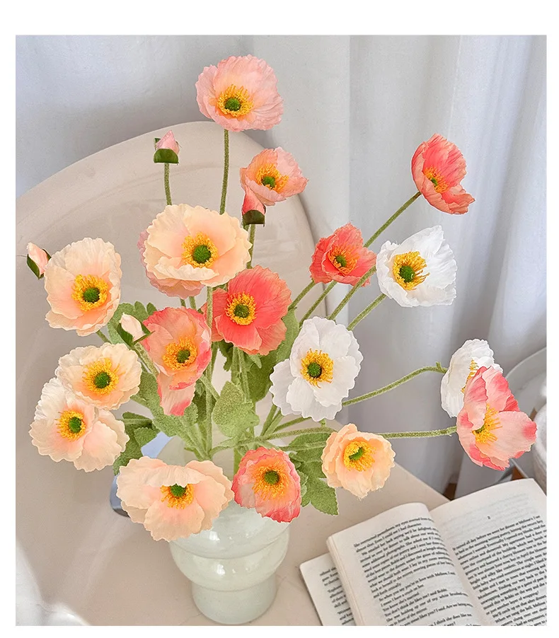 4-Köpfiger Künstlicher Mohnblumenstrauß aus Seide für Heimdekoration, Brautjungfern, Garten, Party, Hochzeit, DIY, Fotografie und Blumendekoration – Detail 3