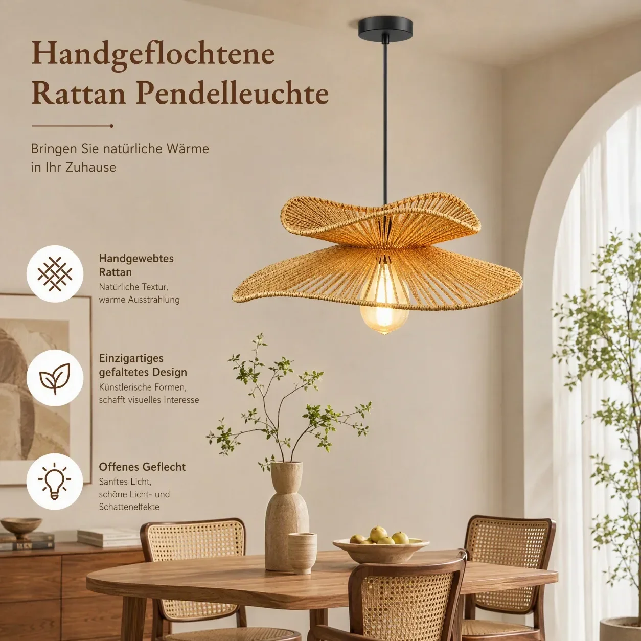 JOYINLED Vintage Boho Rattan Pendant Light E27 Handwoven Hanging Lamp for Farmhouse Rustic Home Decor Retro 45CM Lighting
