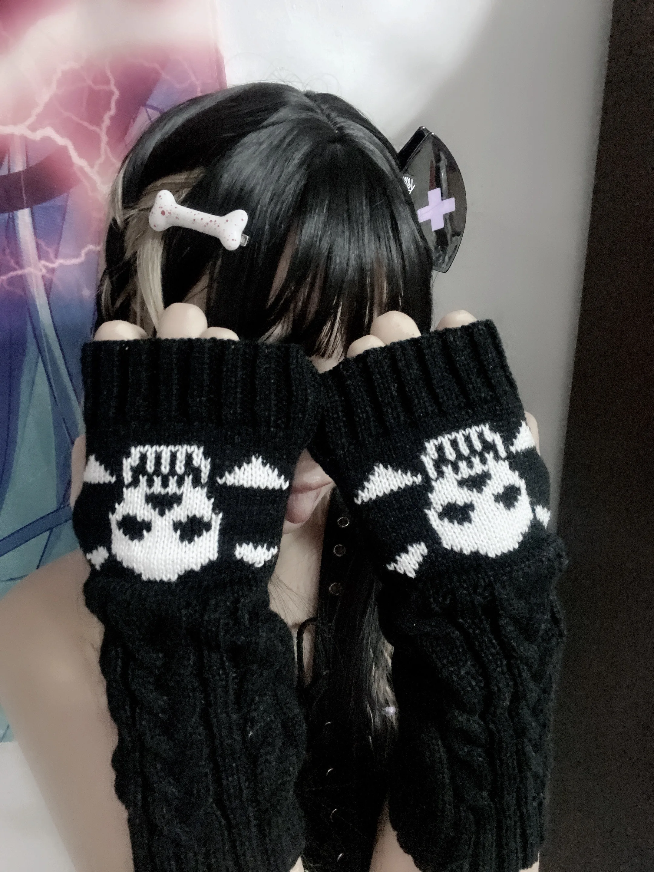 Goth Emo rękawiczki bez palców kobiety Harajuku Punk czarna czaszka pół palca długie rękawiczki Egirl Grunge Lolita Anime Kawaii Arm Warmer