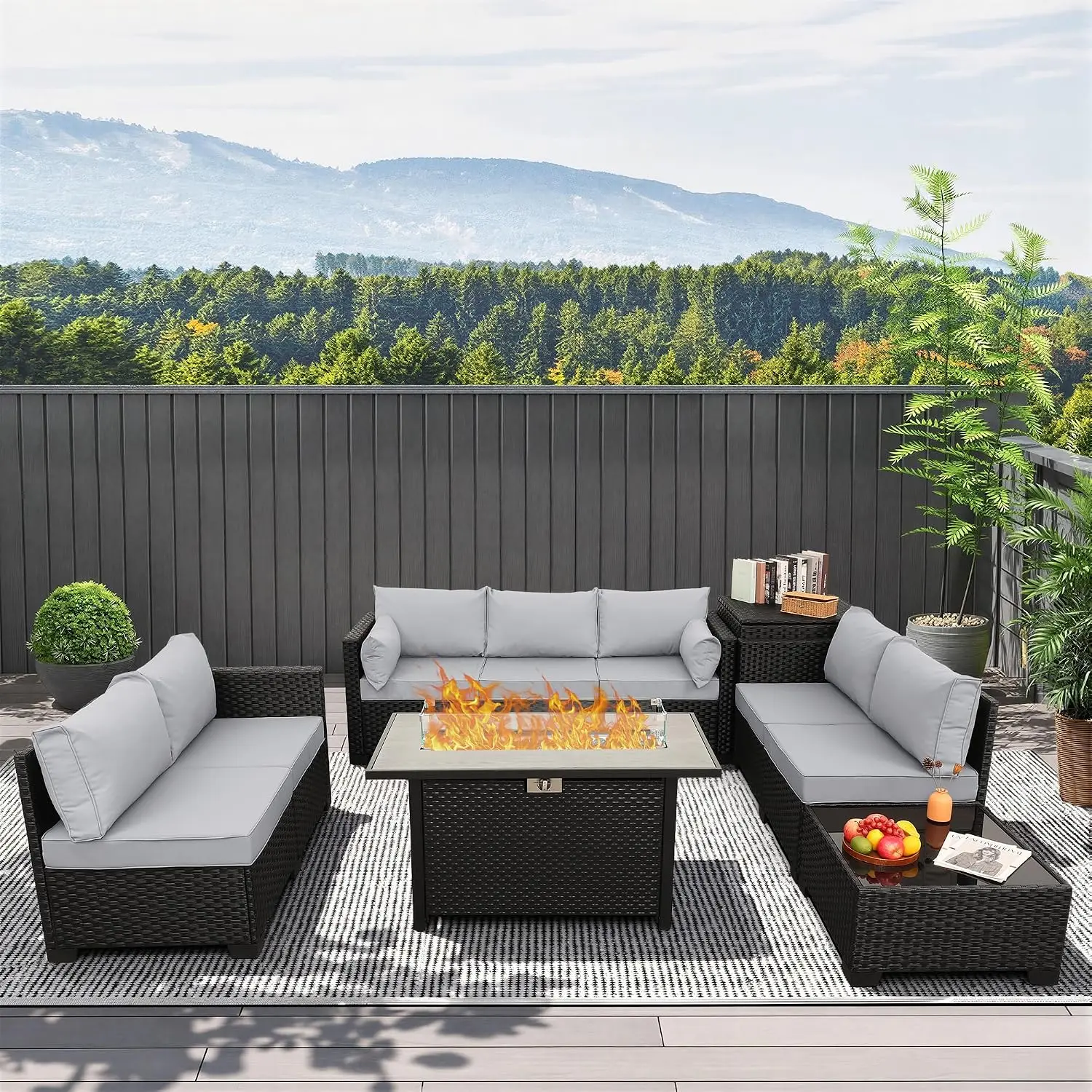 6 PCS Patio Furniture Set Fire Table Outdoor Furniture Sets 45 Inches Gas Fire Pit with Outdoor Storage Box Glass Coffee Table