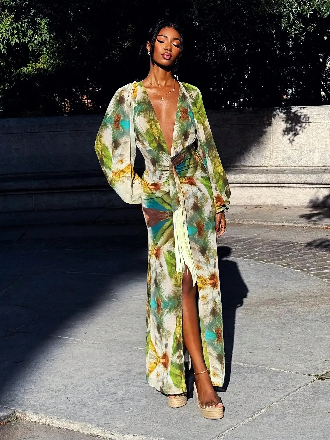 

Deep V Neck Wrap Maxi Dress with Tassel Detail, Floral Print, Long Sleeve, Loose Fit