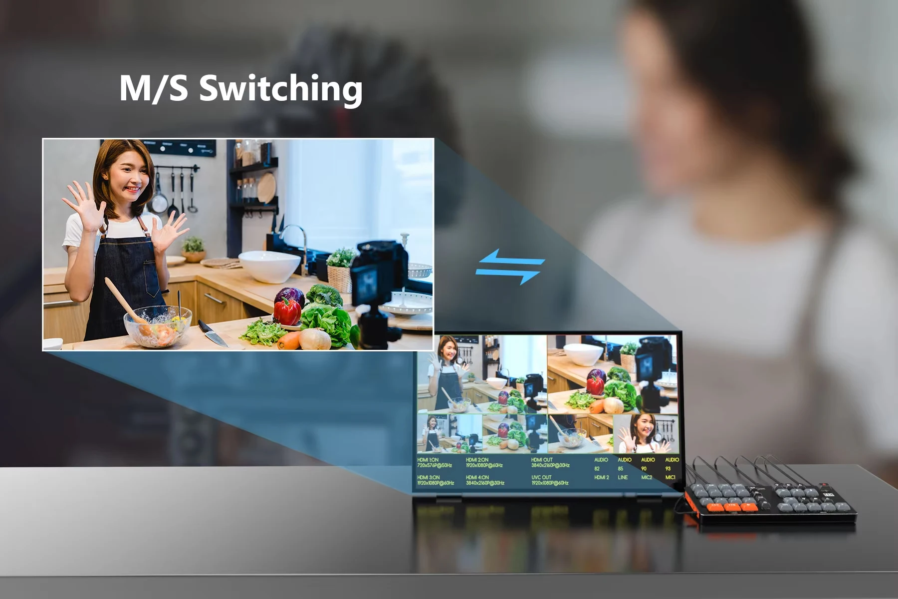 

Multi camera video mixing switcher supports auxiliary microphone devices for