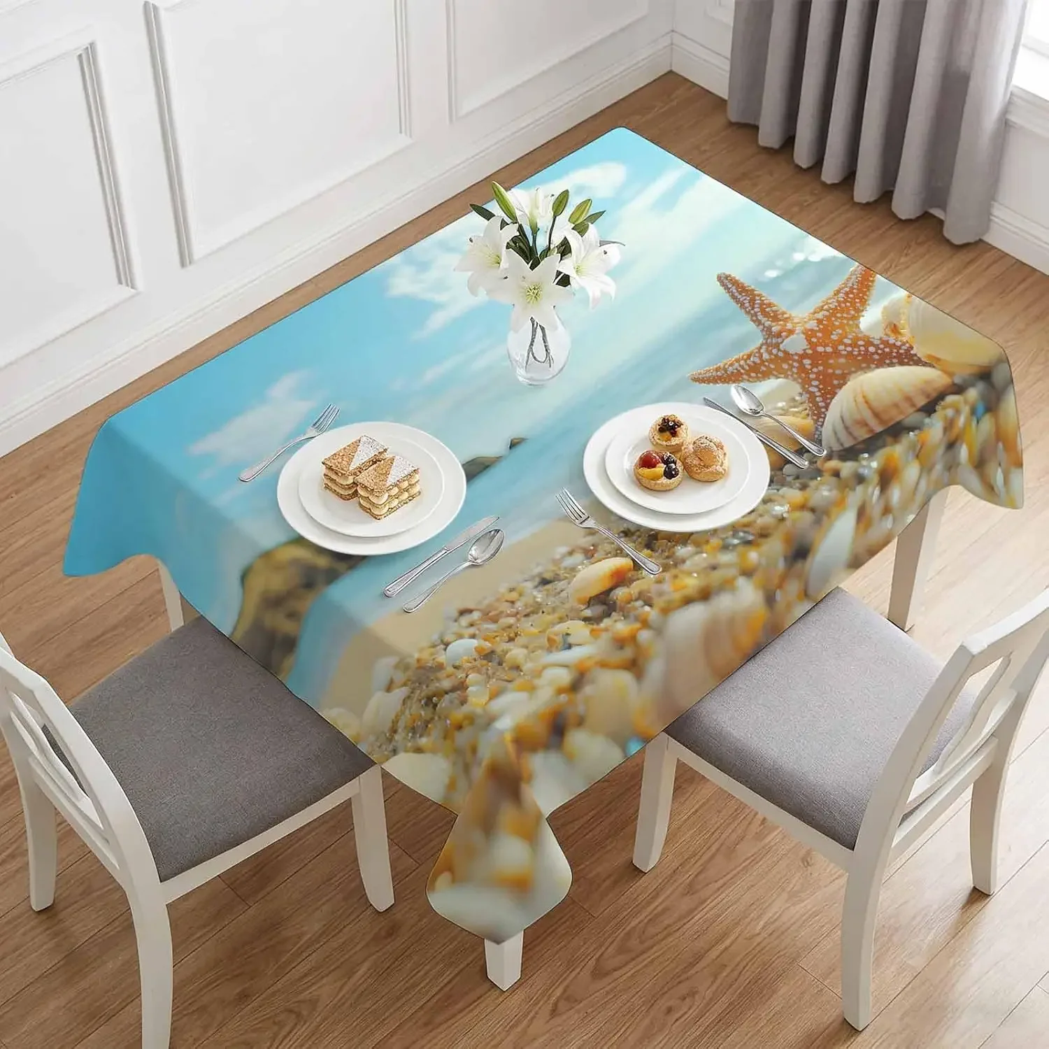 1Pc Rectangular Tablecloth Blue Beach Starfish Shell Print Table Cover For Dining Kitchen Party Decorative Dustproof Fabric