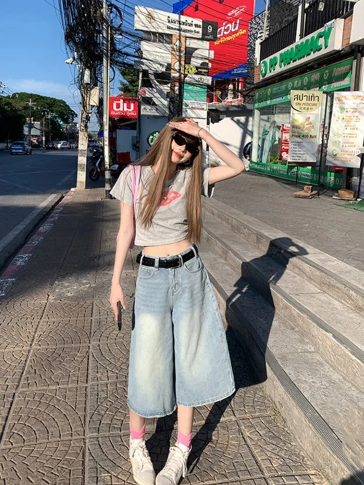 

American Style Loose Fit High Waist Denim Shorts For Women Summer New Vintage Straight Low Waist Wide Leg mid Length Seven Pants