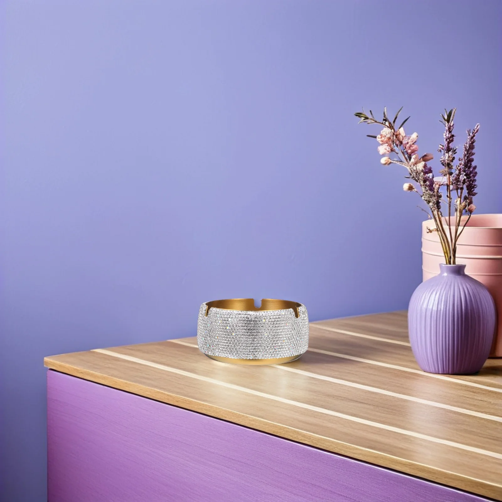 

Stainless Steel Ashtray Rhinestone Design Windproof For Home Office Indoor Smoking Tabletop Use Cigarette Holder Metal