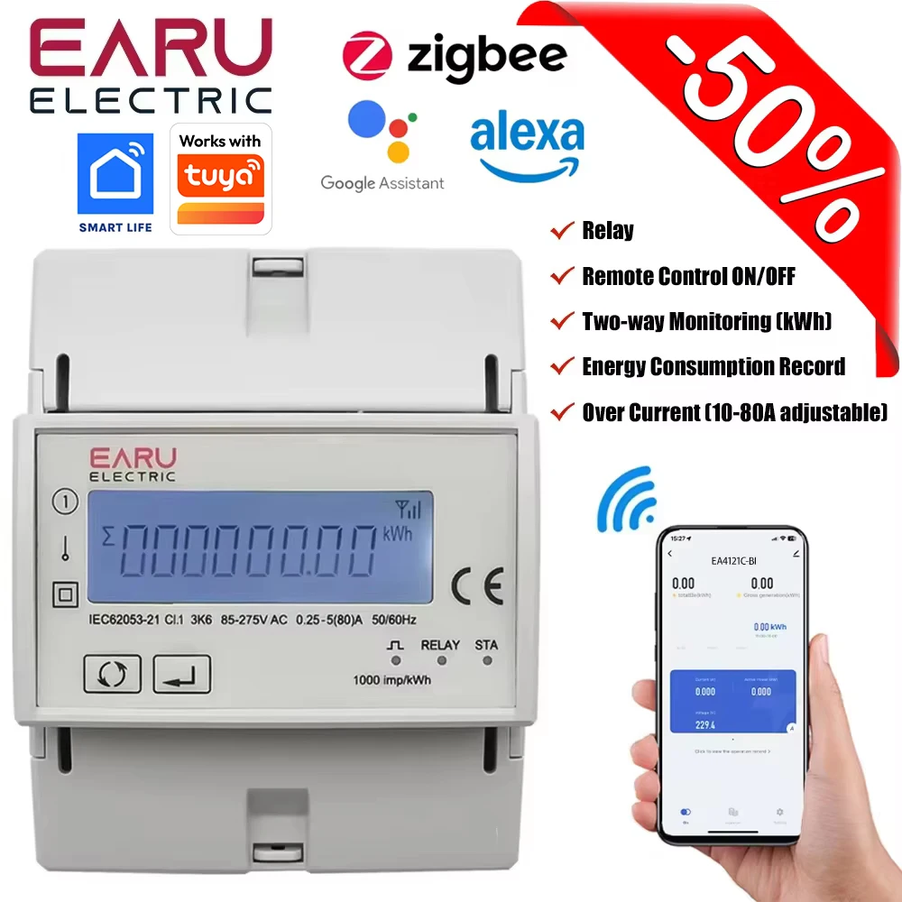 

Wi-Fi Zigbee 110 В 220 В 80 А Tuya умный однофазный двусторонний двунаправленный счетчик энергии таймер монитор энергопотребления счетчик кВтч
