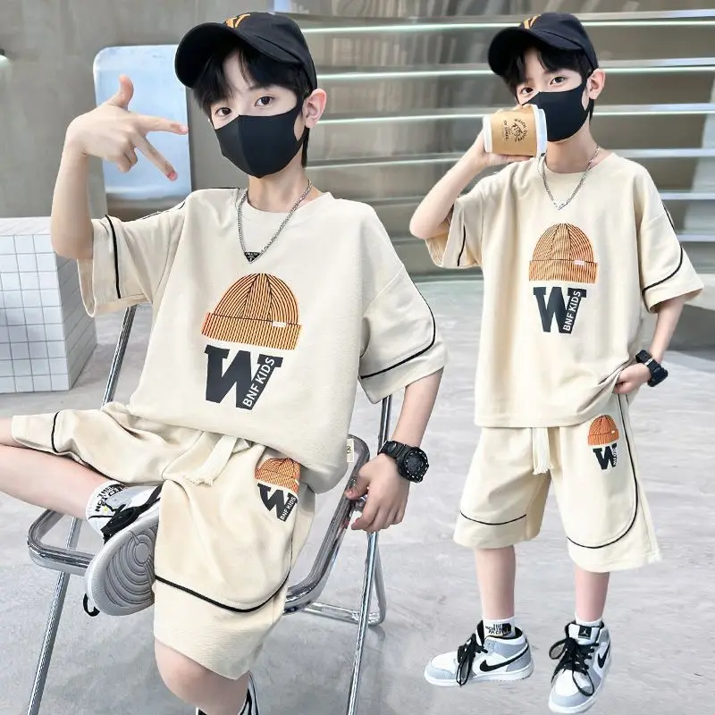 

2024 New Boys Summer Casual Shorts Sleeve Sleeveless T-shirts+Pants 2pcs Sets 5-14 Years Teenage Sportswear Children Outfits Set