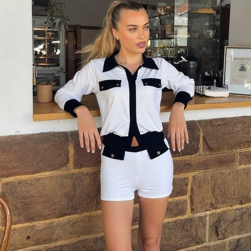 

Tuularose Women Shorts 2 Piece Fashion Contrast Lapel Top Casual Shorts Set Office Chic Slim Streetwear Female Short Set Outfits