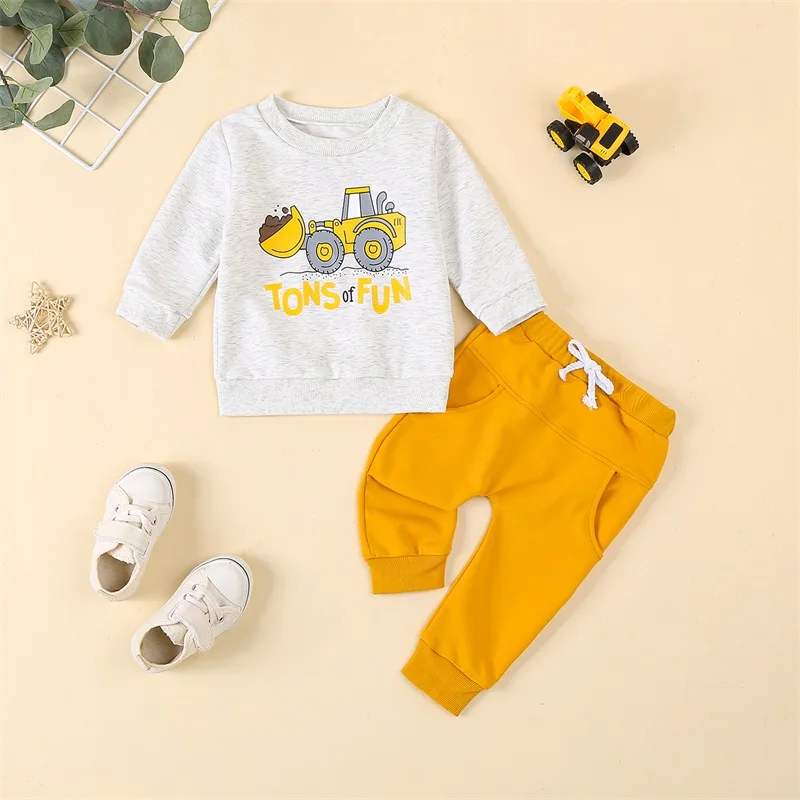 Toddler Boys Fall Outfits Letter Digger Print Long Sleeve Sweatshirts and Long Pants 2Pcs Clothes Set