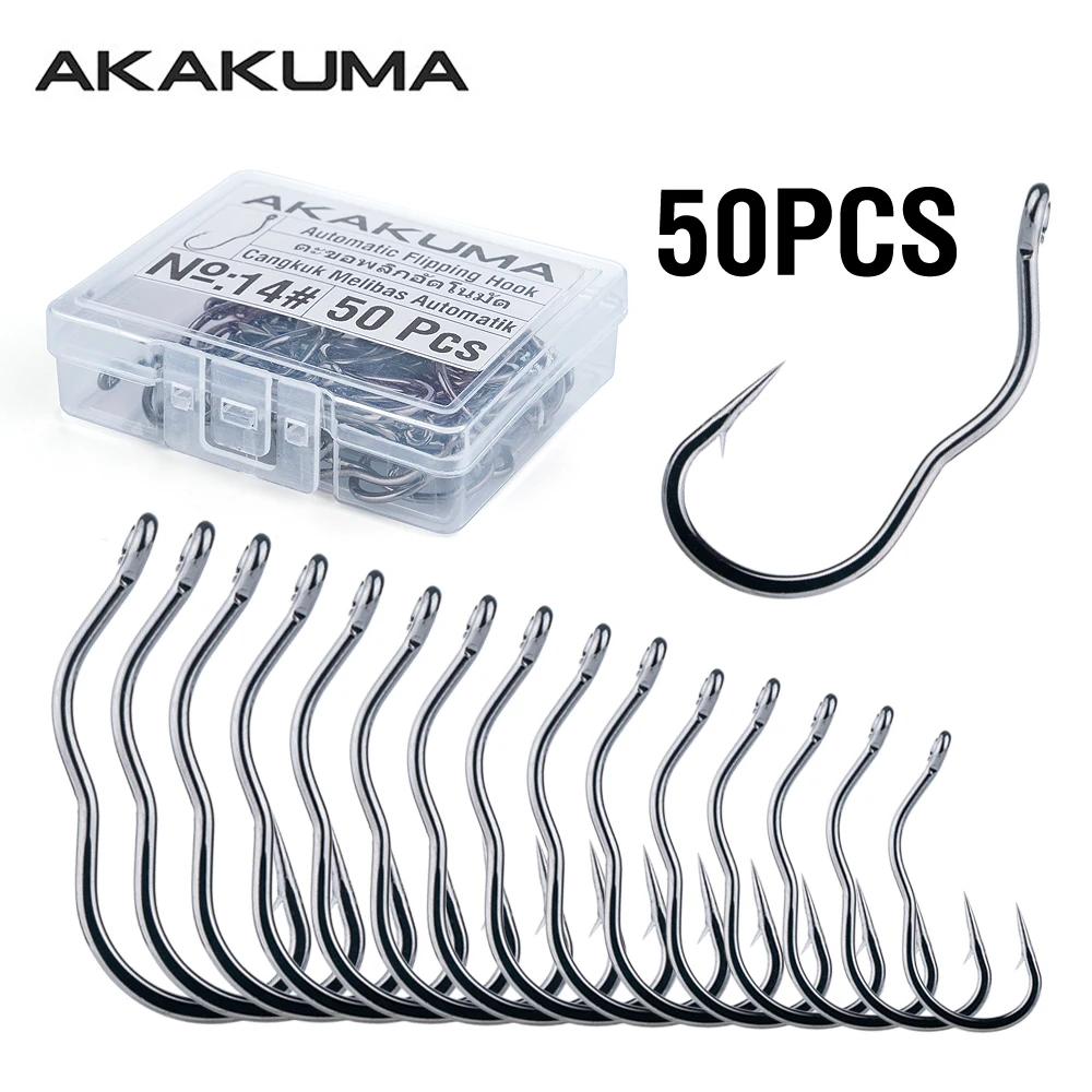 Image of 50 Stück/Box Angelhaken aus Hochkohlenstoffstahl Automatisch Klappender Fischhaken mit Widerhaken Offset-Haken Zweifach Gebogener Rutschfester Haken