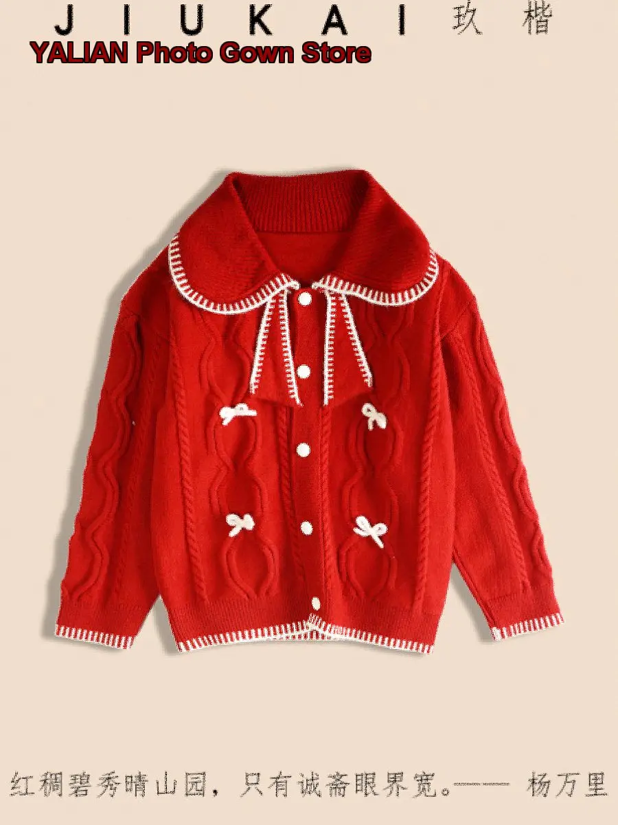 Girls Autumn Winter Kids Red Coat Knit Top Baby Girl Peter Pan Collar Base Layer