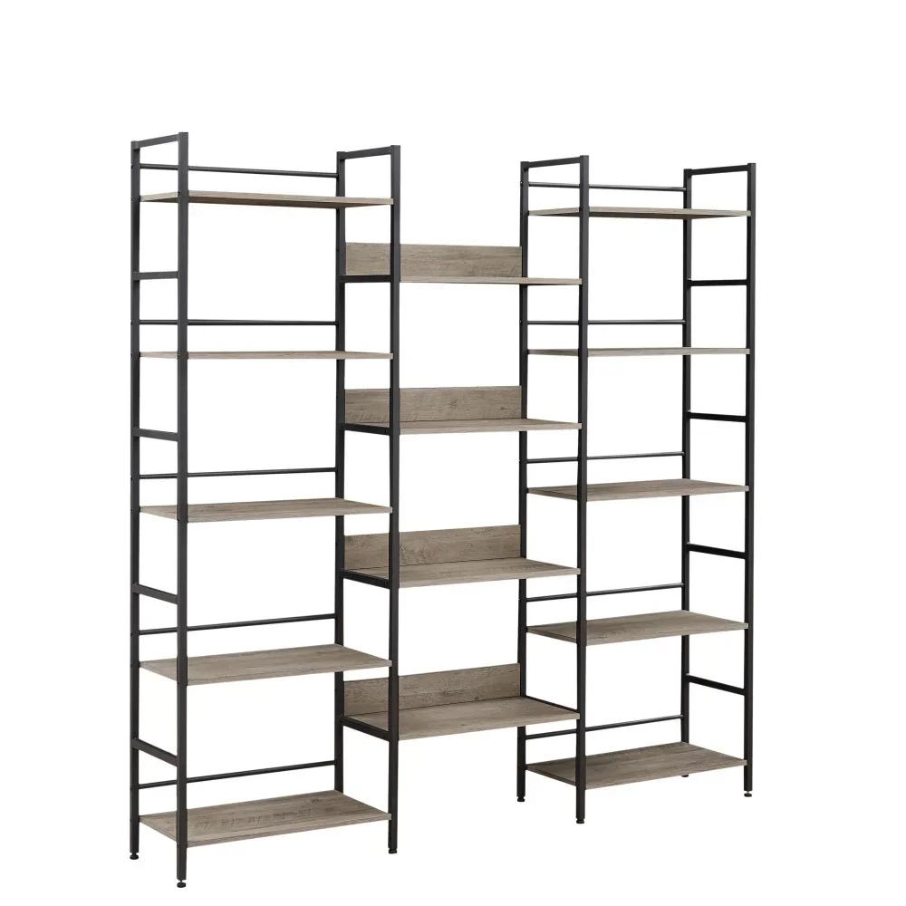 Triple Wide 5-shelf Industrial Retro Wooden Bookshelves for Home/Office, Large Open Design, Grey.